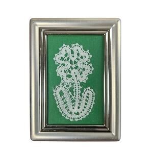 Vtg Fiber Art- Mini 4 leaf clover brocade Doily-Silver frame- green backing 4x3"